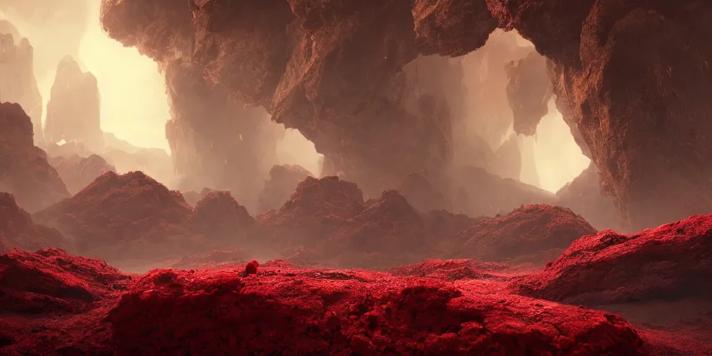 Prompt: a epic landscape full of big red crystals emerging from the ground, concept art, octane render, unreal engine 5, trending on artstation, greg rutkowski, hyperrealistic, highly detailed, high quality, 8 k, dramatic lighting, cinematic, high coherence, high contrast, digital art, high definition, path traced, night