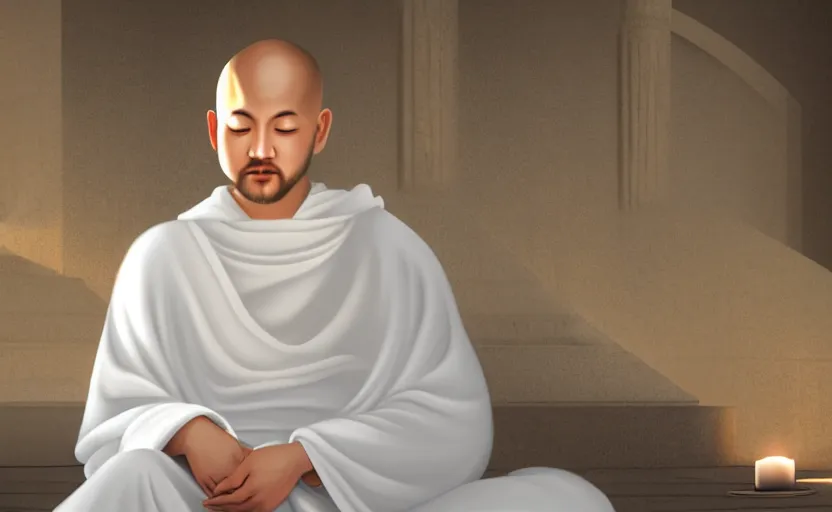 Prompt: distant monk wearing a white garment sitting inside a peaceful marble temple while being illuminated by a ray of light, blissful, detailed, 4k, digital oil painting