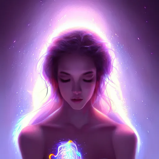 Image similar to mystical female creature with glowing energies and particals, surrounded by spirits, gloomy cinematic lighting, highly detailed, illustrated novel, by artgerm