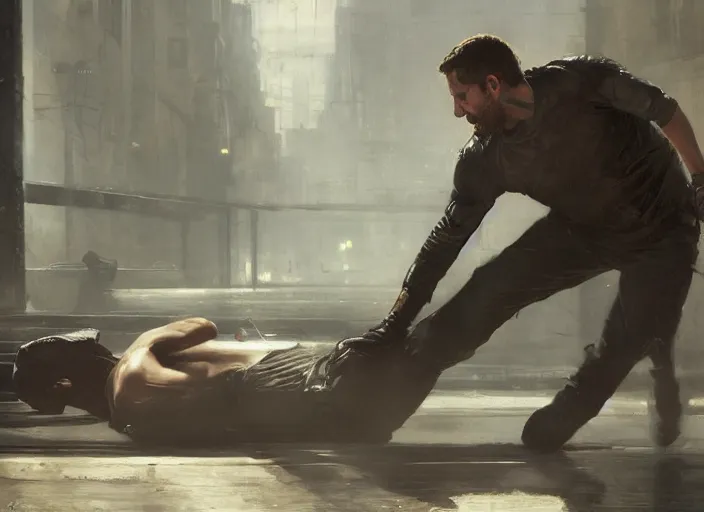 Prompt: sam fisher knocking out a guard ( blade runner 2 0 4 9, dystopian, cyberpunk 2 0 7 7 character design ). orientalist portrait by john william waterhouse and james gurney and theodore ralli and nasreddine dinet, oil on canvas. cinematic, hyper realism, realistic proportions, dramatic lighting, high detail 4 k