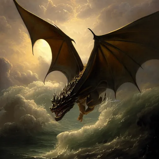 Image similar to A fantasy book style portrait painting of a dragon in a stormy sea, François Boucher, Oil Painting, unreal 5, DAZ, hyperrealistic, octane render, Regal, Refined, Detailed Digital Art, RPG portrait, William-Adolphe Bouguereau, Michael Cheval, Walt Disney (1937), Volumetric Golden dappled dynamic lighting, Highly Detailed, Cinematic Lighting, Unreal Engine, 8k, HD