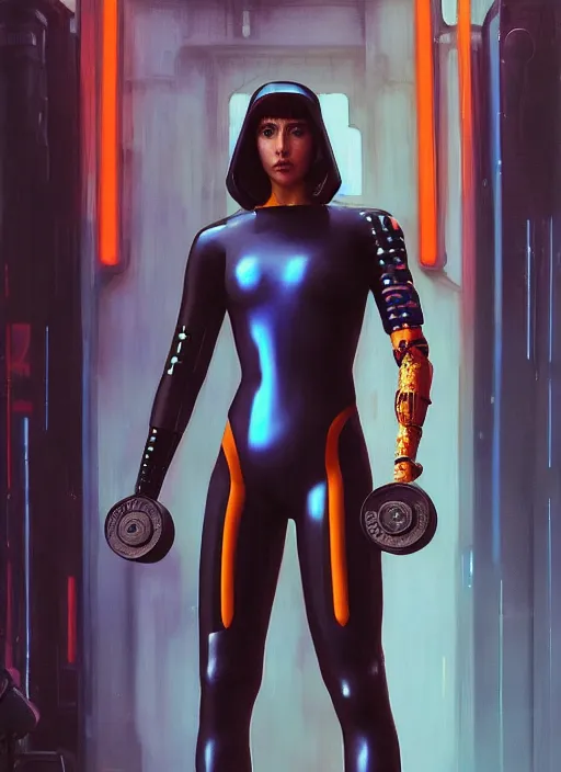 Image similar to cyberpunk olympic weightlifter with robotic arms wearing a jumpsuit ( blade runner 2 0 4 9, cyberpunk 2 0 7 7 ). orientalist portrait by john william waterhouse and james gurney and theodore ralli and nasreddine dinet, oil on canvas. cinematic, hyper realism, realistic proportions, dramatic lighting, high detail 4 k