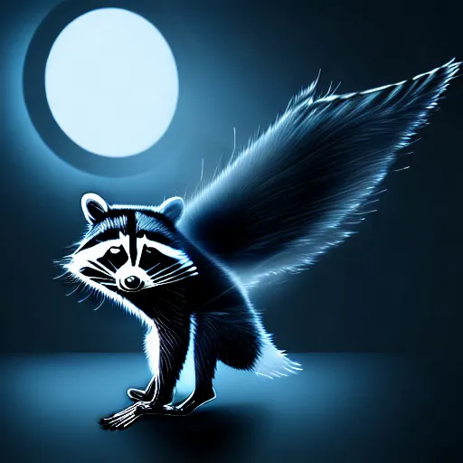 Prompt: a mechanical raccoon with wings in dark room, digital art, 4 k