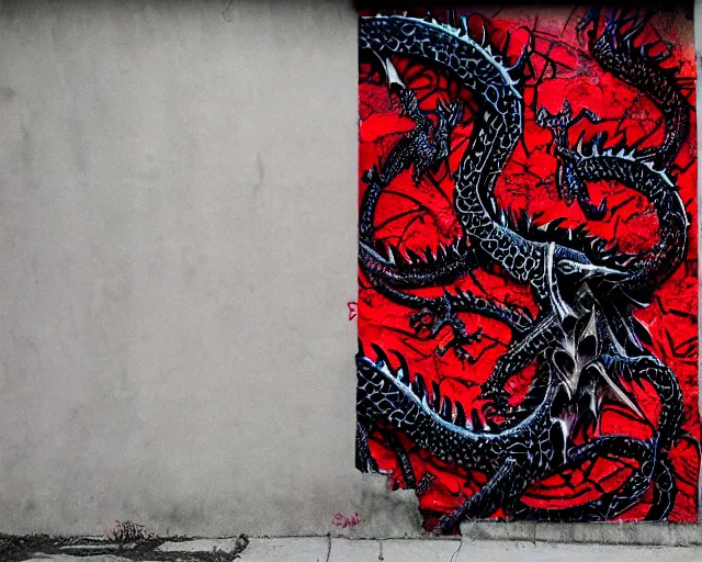 Image similar to 16k photorealistic image of a wall that has some lovecraftian graffiti on it inspired by wretched dragon rib cage. lovecraftian graffiti in red and black colors. the art is cursed and ecrusted with jewels.