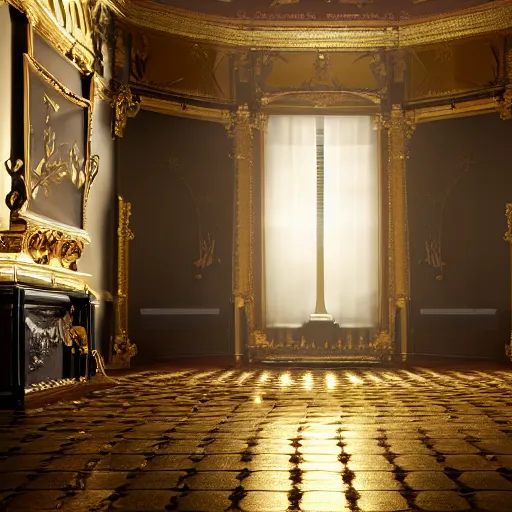 Image similar to A valuable golden object sits undamaged in the middle of an explosion damaged Victorian Art Nouveaux apartment amid the Fog of War, octane render