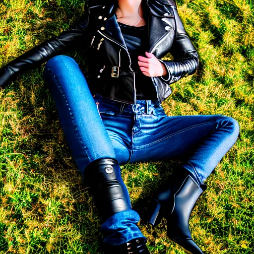 Image similar to young girl lies on a meadow, she wears leather jacket, jeans and black boots, intricate, sharp focus, photo taken by nikon, 4 k, studio lightning