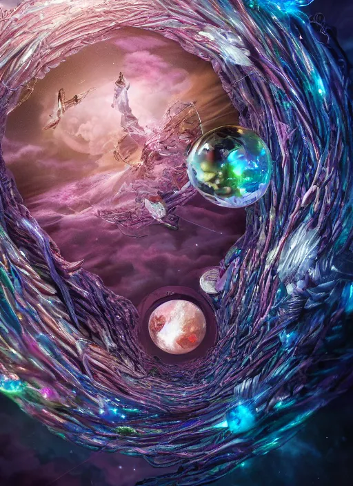 Image similar to An epic fantastic realism comic book style painting of the most beautiful spiraling entwined flowers launched exquisitely across the dark spinning universe, floating bouquets, fisheye, perfect shiny iridescent silver spheres, unreal 5, DAZ, hyperrealistic, octane render, dynamic lighting