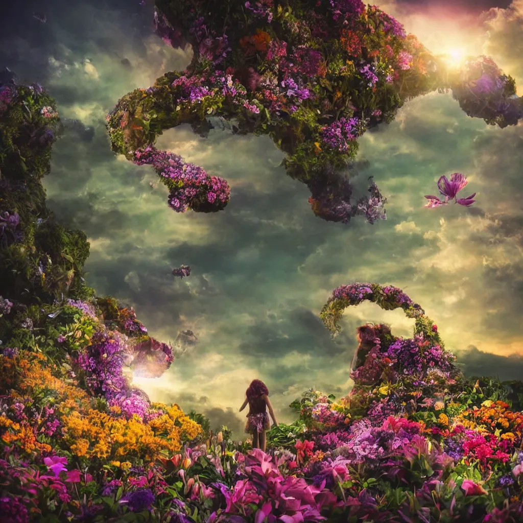 Image similar to a planet of various flowers, fungus and plants, in which the human figure is dressed in something magical and impressive, inside the picture is infinity, sunset light, Atmospheric phenomenon, artistic photography, muted colors, conceptual, long exposure outside the city