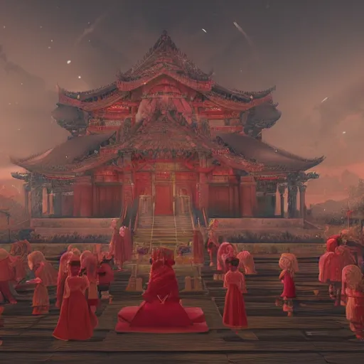 Image similar to a gigantic and minimalistic temple, soft red tone colors, where everyone is an npc, frozen in motion, high detail, artwork, filmgrain, soft tones, soft lighting