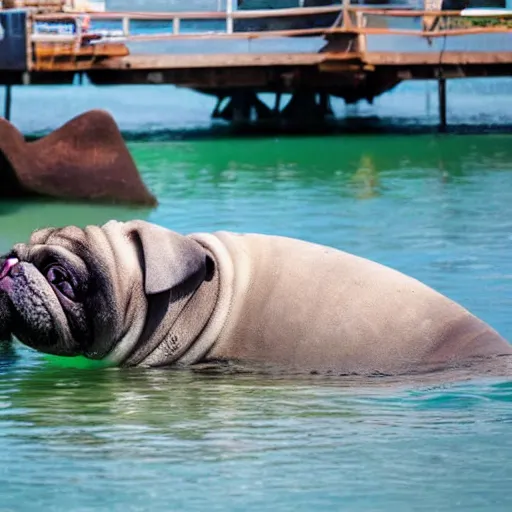 Prompt: a Manatee-Pug Hybrid, A Manatee that looks like a pug, huge tusks, afternoon hangout, good times photograph, candid