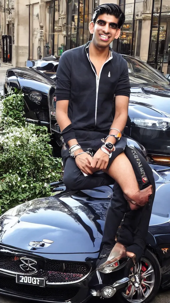 Image similar to rishi sunak completely blinged out, next to a sports car in mayfair