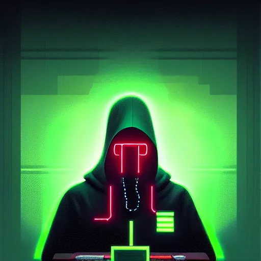 Prompt: portrait of a programmer with green hood by greg rutkowski, neon light