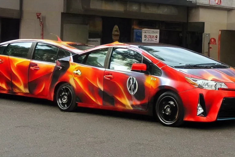 Prompt: Toyota Prius with flames painted on it
