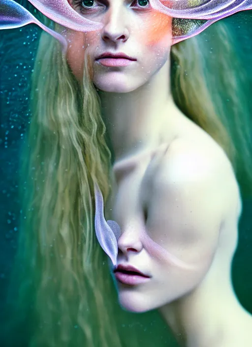 Prompt: Kodak Portra 400, 8K, soft light, volumetric lighting, highly detailed, britt marling style 3/4 , portrait photography of a beautiful woman by Giovanni Gastel, face merging with jellyfishes, symbolic metamorphosis complex 3d render , 150 mm lens, art nouveau fashion embroidered,bust with intricate underwaters details, elegant, hyper realistic, ultra detailed, octane render, underwater soft colours, emotionally evoking, head in focus, fantasy, elegant, soft light, volumetric lighting, highly detailed, Refined, Highly Detailed, soft pastel lighting colors scheme, fine art photography, Hyper realistic, photo realistic