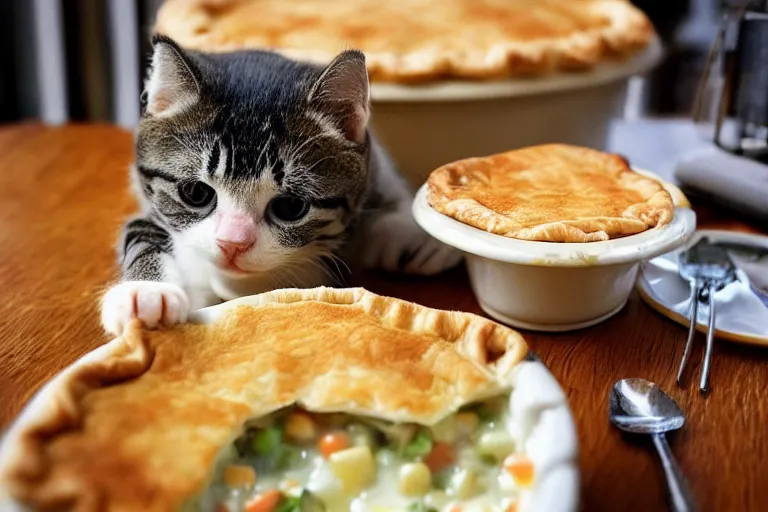 Image similar to a kitty eating a chicken pot pie, hyper realistic, photograph, cute