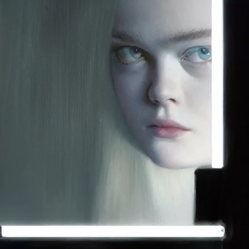 Prompt: silhouette of a Elle Fanning gazing in a mirror, pitch black room, extremely detailed realist masterpiece, oil on canvas, low-key neon lighting, artstation, Blade Runner 2049, Roger Deakin’s cinematography, by J. C. Added Wyeth and Adam Miller,