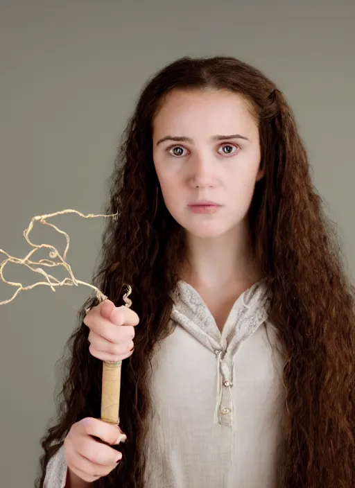 Image similar to portrait of emily compagno as hermione in the movie harry potter holding a wizard wand, by charlotte grimm, natural light, detailed face, canon eos c 3 0 0, ƒ 1. 8, 3 5 mm, 8 k, medium - format print, half body shot