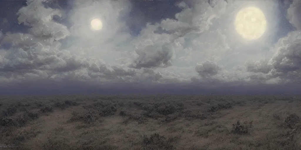 Image similar to the cloudy moonlit sky, landscape art by donato giancola and greg rutkowski, digital art, trending on artstation, symmetry!!, volumetric lighting, darkness