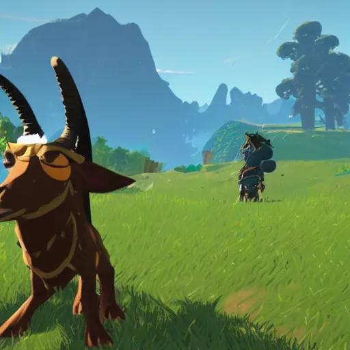 Image similar to an anthropomorphic black goat in breath of the wild, screenshot