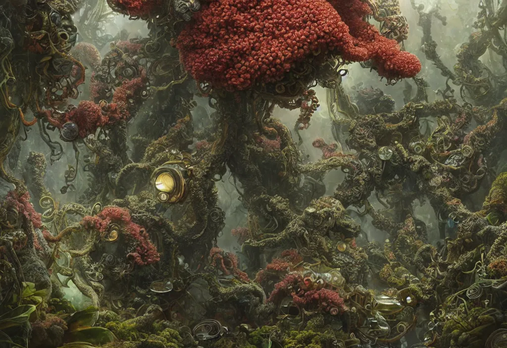 Image similar to illustrationand highly detailed render of a strange moss fungus and coral creature, lovecraftian, steampunk, biological, milky way environment, ultra realistic, concept art, intricate details, cheerful, highly detailed, photorealistic, octane render, 8 k, unreal engine. art by hr guger and artgerm and greg rutkowski and alphonse mucha