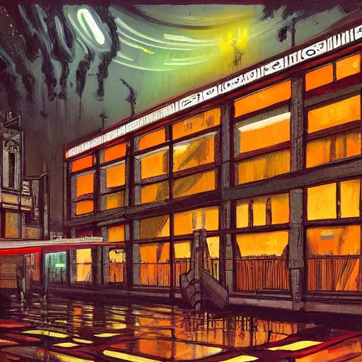 Prompt: painting of a scifi ancient civilzation victorian, brutalist architecture, neon signs