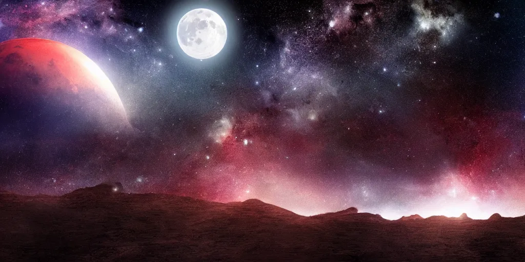 Image similar to moon setting, space, galaxy, milkyway, nebula, Mars, planets, neon, cinematic, realistic, glow, beautiful,