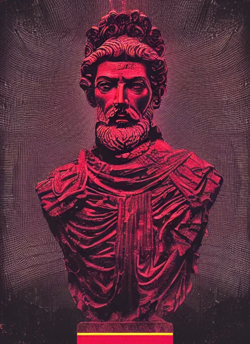 Image similar to dark design poster showing a statue of marcus aurelius, black background with very subtle red and purple design elements, powerful, nekro, vito acconci, thin straight lines, dark, glitch art, neo vaporwave, gritty, layout frame, square, trending on artstation