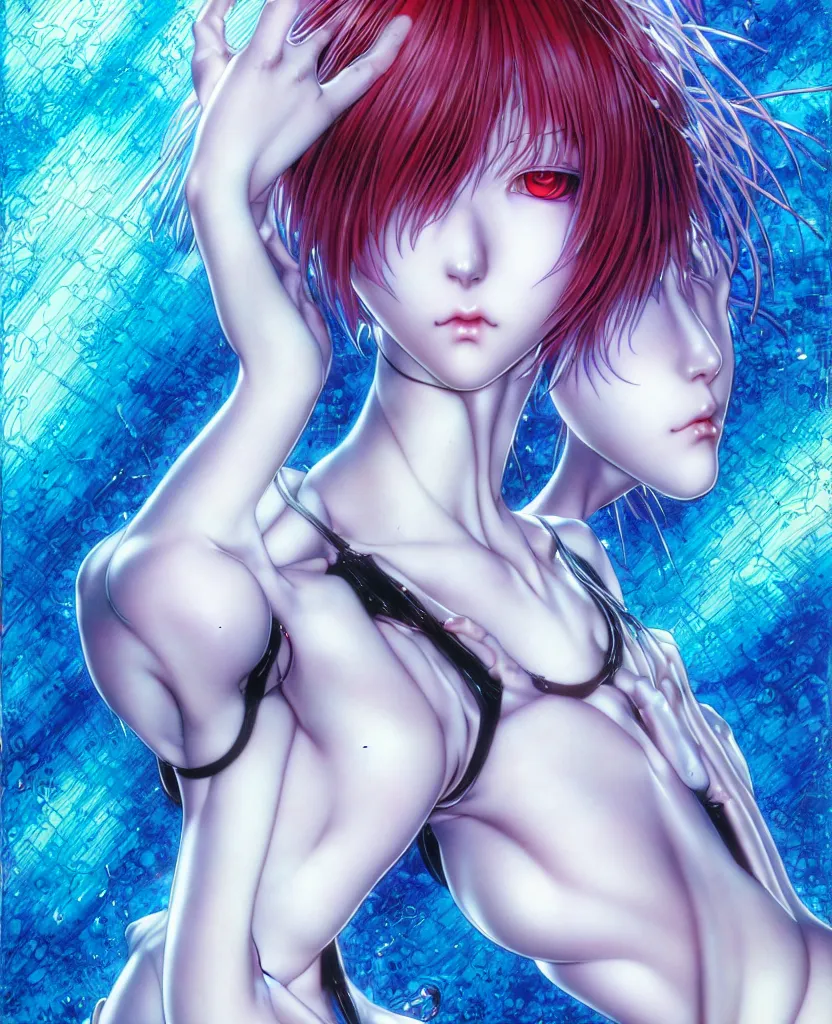 Image similar to realistic detailed image of ultra mega rainbow realistic detailed female character rei ayanami symmetrical depth perception masterpiece depth of field action horror gothic vivid colors art by yoshitaka amano by yukito kishiro by yoshiyuki sadamoto by artgerm by hajime sorayama, no artifacts!!!!!