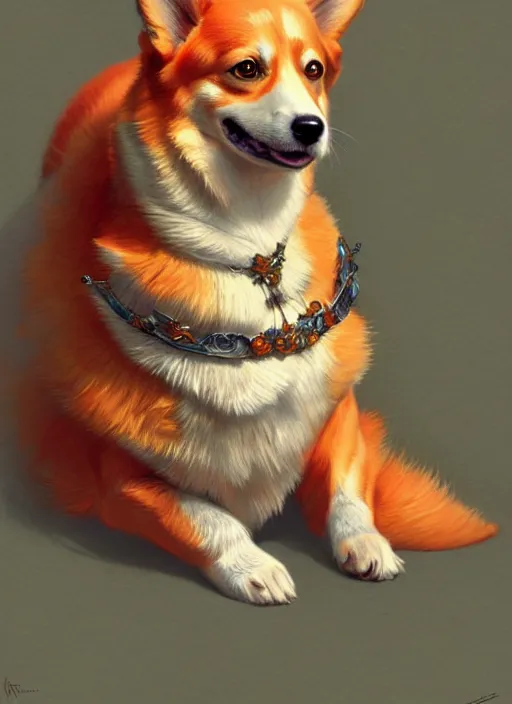 Image similar to an orange corgi being lazy, fantasy, intricate, elegant, hyper detailed, ultra definition, photoreal, artstation, unreal engine rendered, concept art, smooth, sharp focus, illustration, art by artgerm and greg rutkowski and alphonse mucha and garis edelweiss