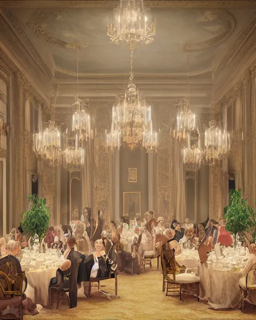 Image similar to rococo digital painting of a 1 9 2 0 s grand party in a beautiful mansion, many partygoers, unreal engine, hyper realism, realistic shading, cinematic composition, realistic render, octane render, detailed textures, photorealistic, ultrawide shot, 3 5 mm film