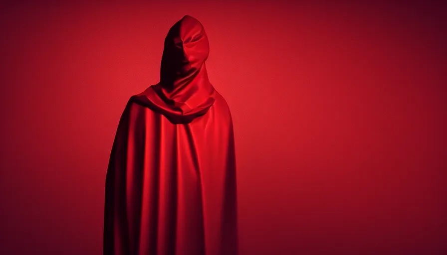 Image similar to enigmatic figure wrapped in red sheet in darkness, high contrast, hard light, digital art, rendering, cloth simulation, redshift
