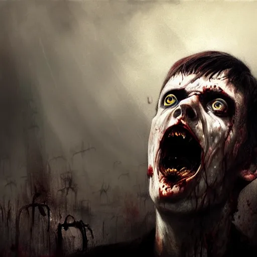 Image similar to ian curtis as a zombie, 7 days to die zombie, gritty background, fine art, award winning, intricate, elegant, sharp focus, cinematic lighting, digital painting, 8 k concept art, art by michael hussar, art by brom, art by guweiz and z. w. gu, 8 k