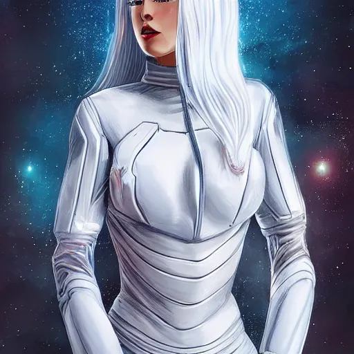 Prompt: beautiful white haired woman dressed in see through space suit in the style of zezhou chen art highly detailed, smooth, sharp focus