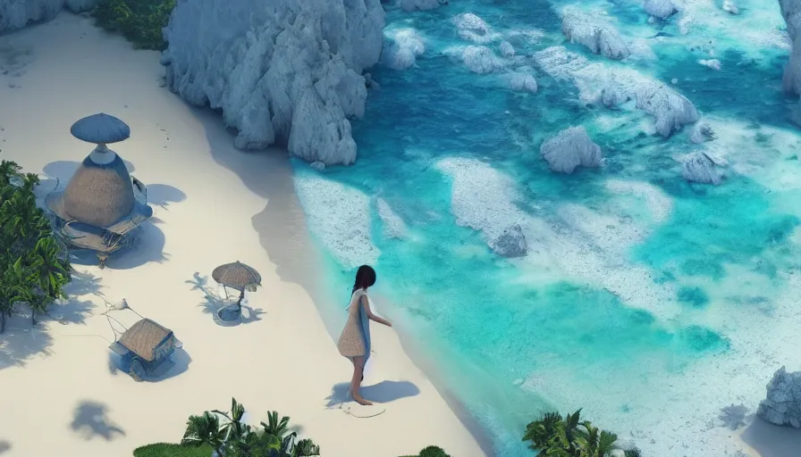 Image similar to very very small lakshadweep island, by ilya kuvshinov, rtx rendering, octane render 1 2 8 k, maya, extreme high intricate details by tom bagshaw, medium shot, close up shot, composition by sana takeda, lighting by greg rutkowski