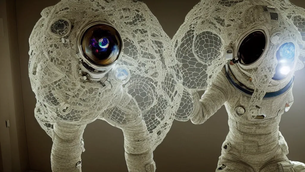 Image similar to a single astronaut eva suit interwoven with diamond 3d fractal lace iridescent bubble 3d skin and covered with insectoid compound eye camera lenses floats through the living room, film still from the movie directed by Denis Villeneuve with art direction by Salvador Dalí, wide lens,