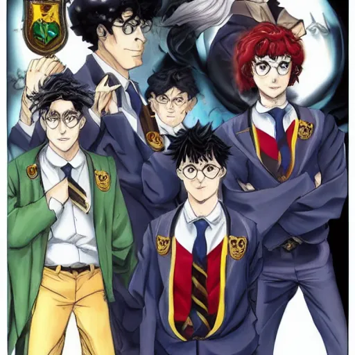 Image similar to Harry Potter as a Jotaro Kujo in JoJo\'s bizarre adventure, epic composition