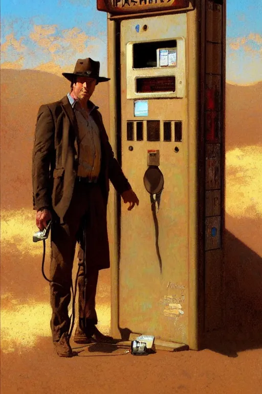 Image similar to saul goodman at a lonely!!!! pay phone in the desert!!!!, painting by'phil hale '!!! gaston bussiere, craig mullins, greg rutkowski, alphonse mucha, lady liberty