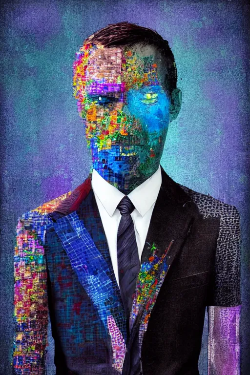 Prompt: man made of glitch art wearing a suit, game character, portrait, realism