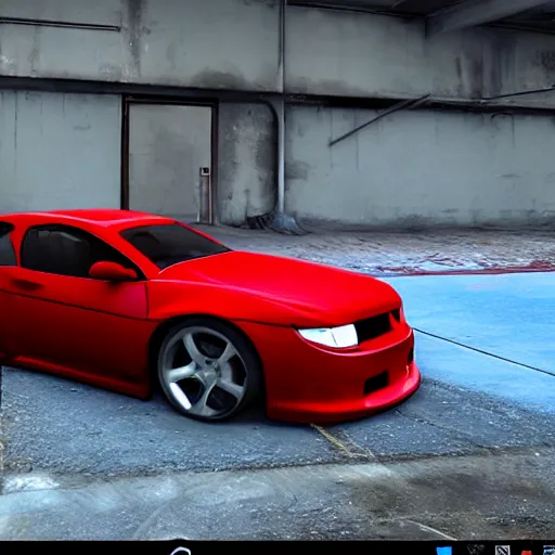 Image similar to screenshot of a beautiful red car in empty abandoned parking car, raytracing, beautiful, unreal engine