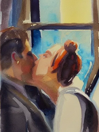 Image similar to water color painting, artwork by saul leiter, of a solo individual portrait of a guy and a girl kissing, dapper, simple illustration, nostalgic, very realistic, full of details, trending on artstation