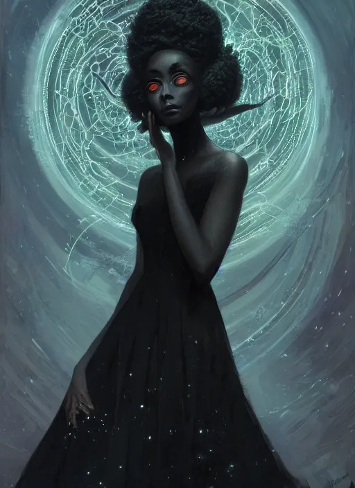 Image similar to close picture of a black dress witch researching about the azathoth, model pose, very brightening eyes, huge magic circles on the hand, magic and fantasy, extremely beautiful and aesthetic and detailed cute face, specular reflection, occlusion shadow, intricate, masterpiece, by ilya kuvshinov and jeremy lipking and quentin mabille