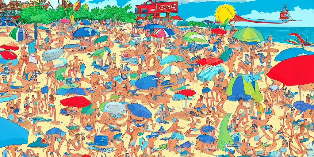 Prompt: a full page spread from the where's waldo at the beach book, high detail illustration, coherent