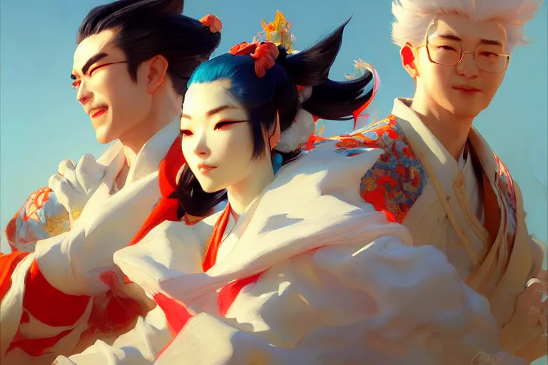 Prompt: netease onmyoji man and woman, vibrant colors and hard shadows and strong rim light, light blue sky, cool white color temperature, painting by gaston bussiere, craig mullins, j. c. leyendecker