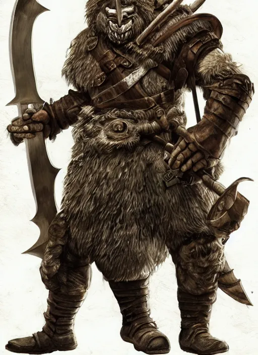 Image similar to strong young man, photorealistic bugbear ranger holding aflaming sword, black beard, dungeons and dragons, pathfinder, roleplaying game art, hunters gear, jeweled ornate leather and steel armour, concept art, character design on white background, by alan lee, norman rockwell, makoto shinkai, kim jung giu, poster art, game art