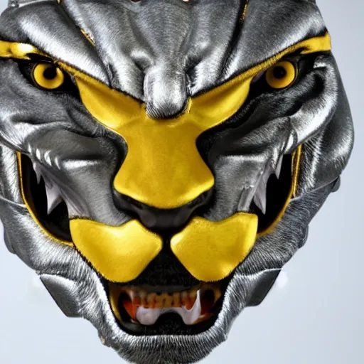 Prompt: silver tiger-like features on a humanoid face wearing space armor, yellow eyes, teeth like a saber tooth and fine grayish fur