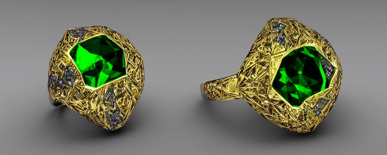 Image similar to simple magic crystal ring of poison, radiant cut, green, gold, black, purple. smooth shank, setting, prongs, crystal, engravings, diamonds, product design, jewelry, colorful, art by gerald brom, greg rutkowski and artgerm, photo realism, unreal engine, c 4 d