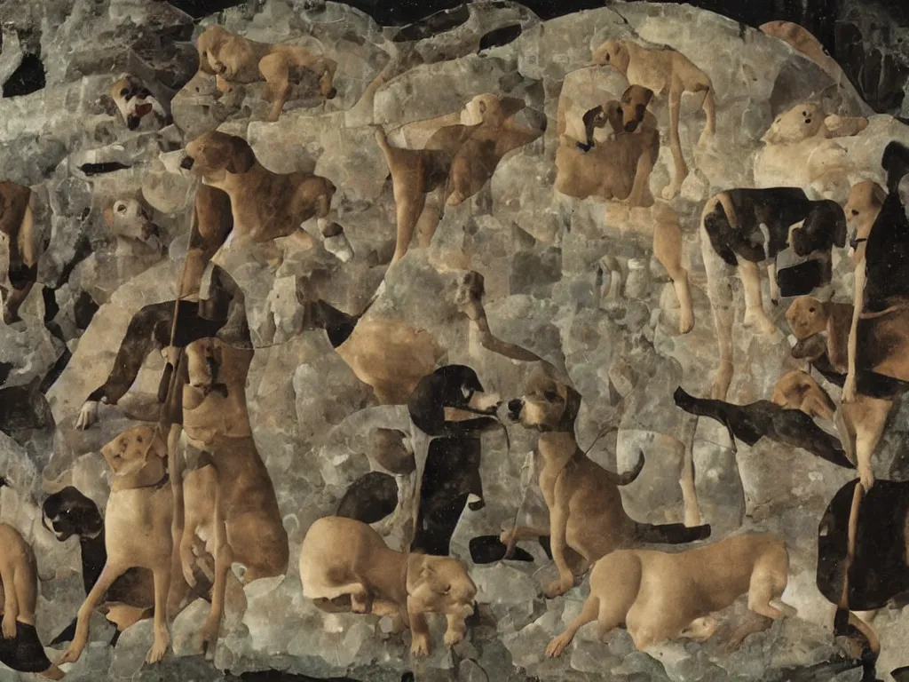 Prompt: Young men with dogs inside a crystal cave. Painting by Piero della Francesca.