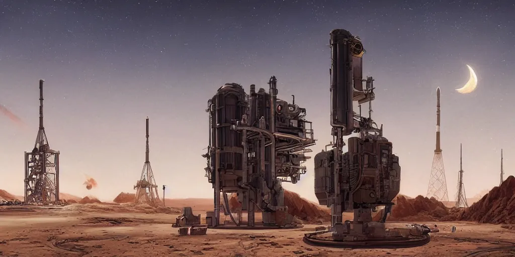 Image similar to anime spaceport rocket launch site in desert steampunk key by greg rutkowski night ultrahd fantastic details
