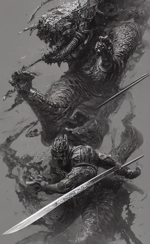 Prompt: close view of japanese sword object, black show room in background, front game card, drark, marvel comics, dark, intricate, highly detailed, smooth, artstation, digital illustration by ruan jia and mandy jurgens and artgerm and wayne barlowe and greg rutkowski and zdislav beksinski