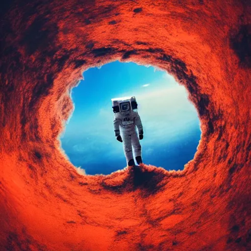 Image similar to an astronaut emerging from an ocean of red water, otherwordly sky, cinematic shot, 35mm, photography, High definition, 8k, detailed, deprh of field, photorealistic, epic atmosphere